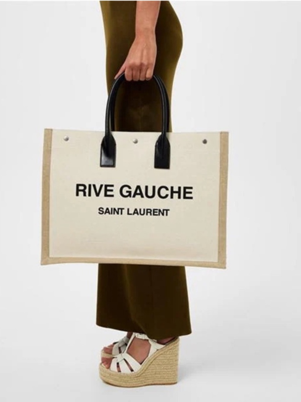 Saint Laurent Rive Gauche Canvas Tote in Natural with Black Handles